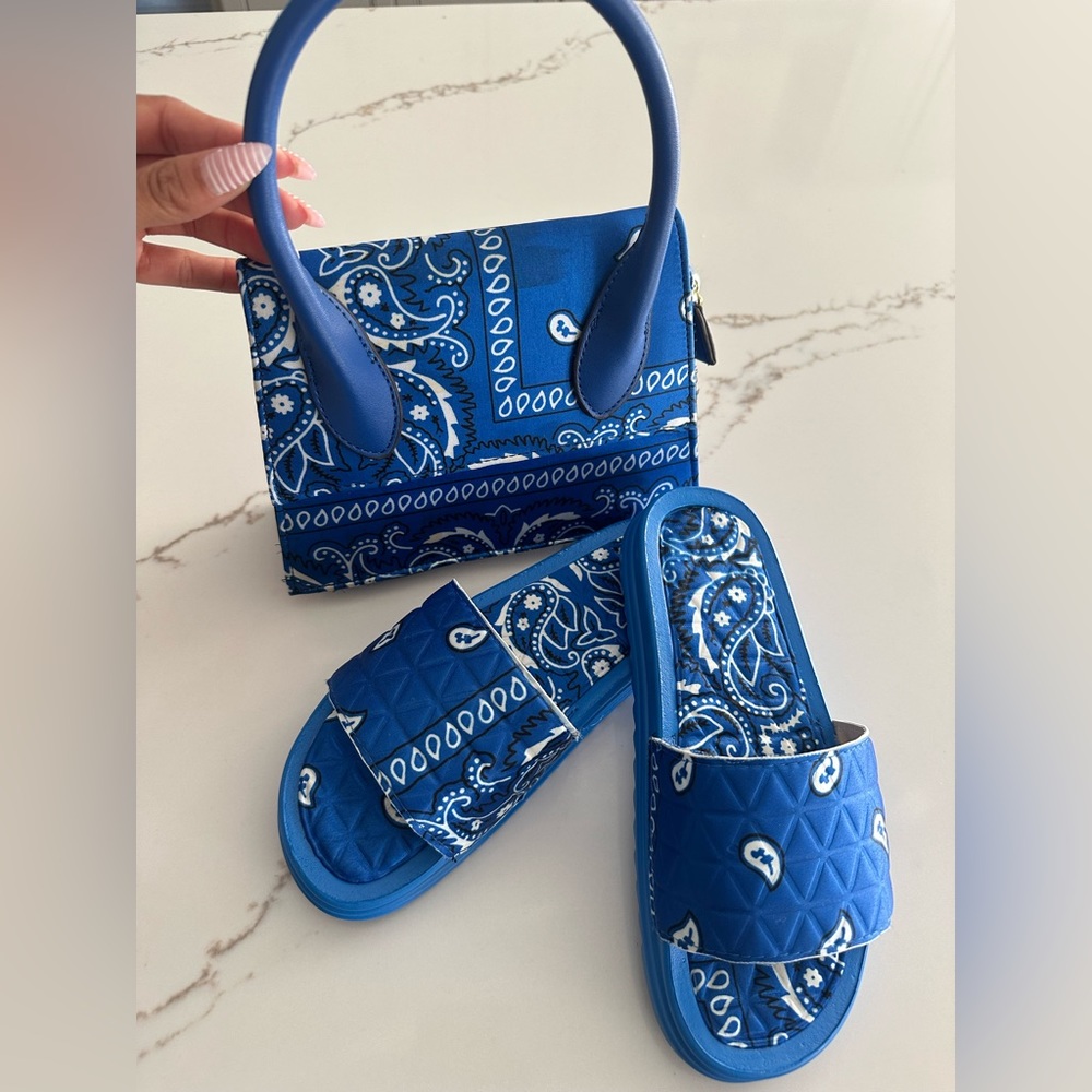Blue Bandana Slides and Bag